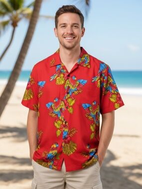 Men's Red Parrot Print Short-Sleeve Camp Shirt